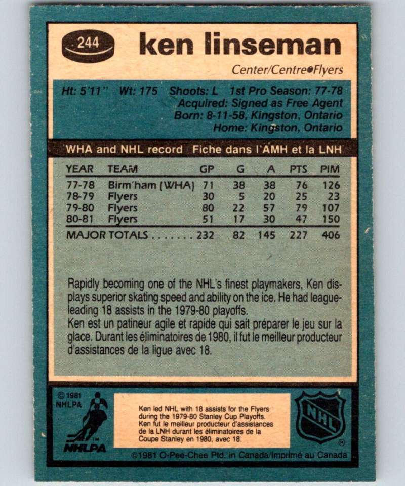 1981-82 O-Pee-Chee #244 Ken Linseman Flyers 6537