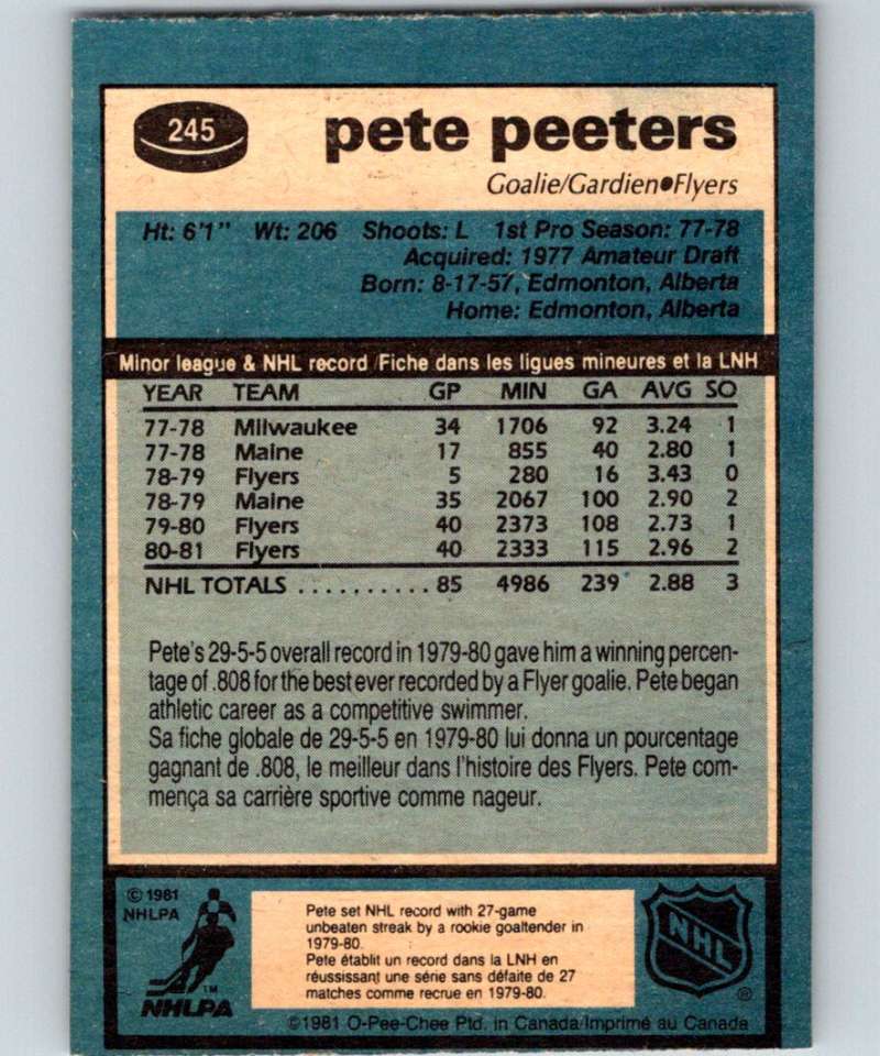 1981-82 O-Pee-Chee #245 Pete Peeters Flyers 6538