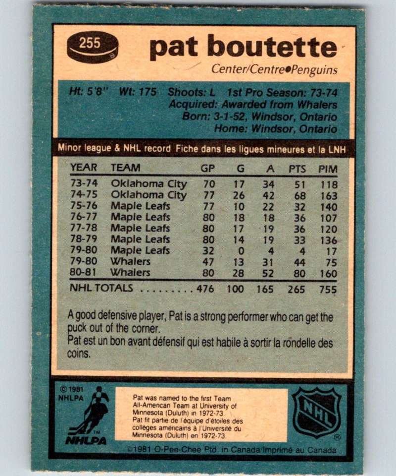 1981-82 O-Pee-Chee #255 Pat Boutette Penguins 6548