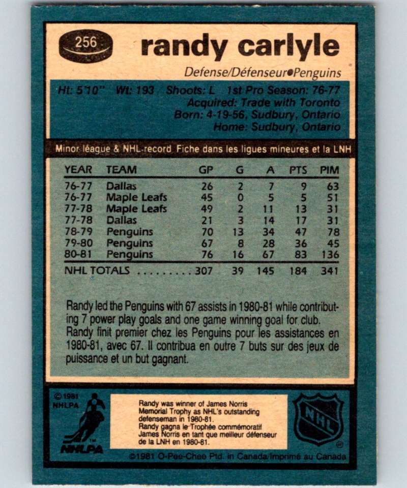1981-82 O-Pee-Chee #256 Randy Carlyle Penguins 6549