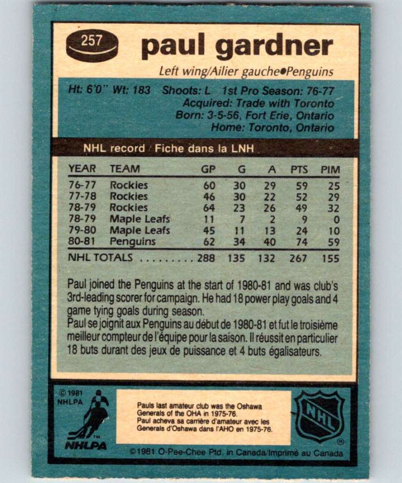 1981-82 O-Pee-Chee #257 Paul Gardner Penguins 6550