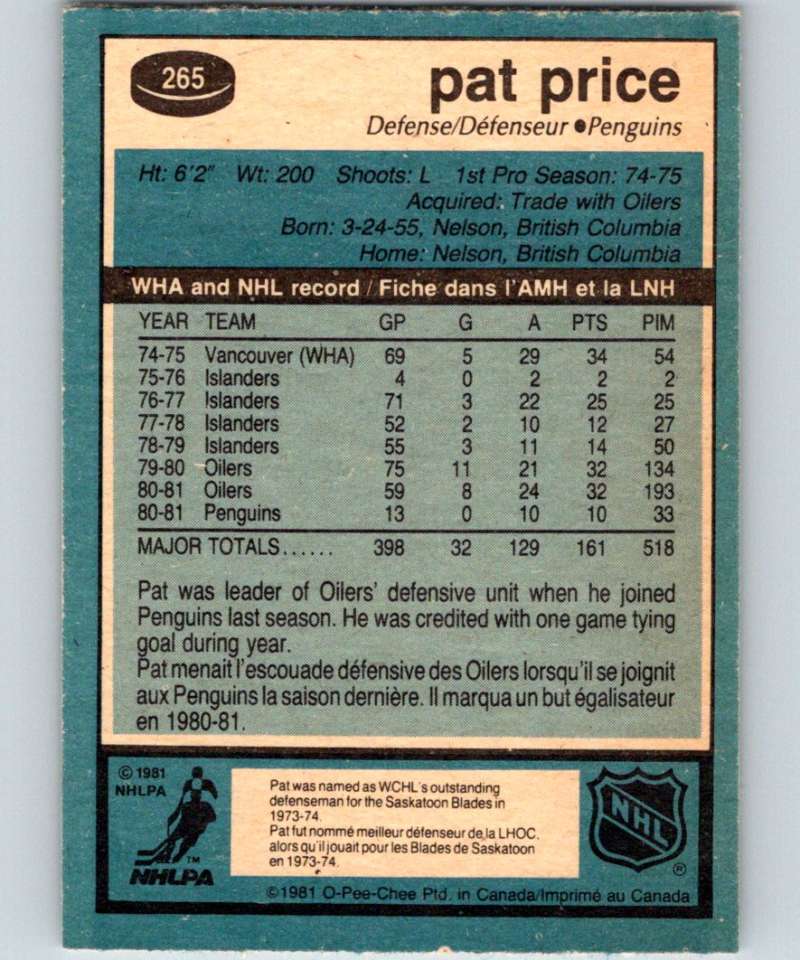 1981-82 O-Pee-Chee #265 Pat Price Penguins 6558