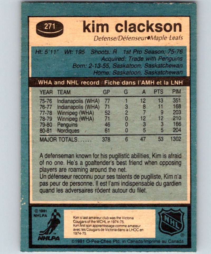 1981-82 O-Pee-Chee #271 Kim Clackson RC Rookie Maple Leafs 6564
