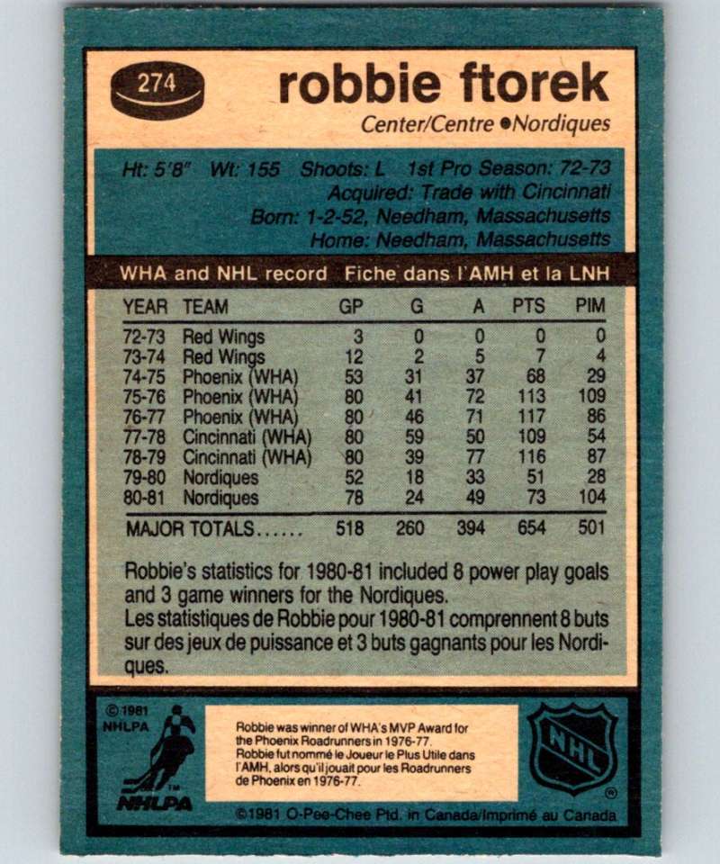 1981-82 O-Pee-Chee #274 Robbie Ftorek Nordiques 6567