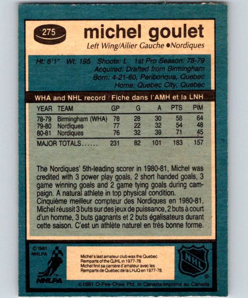 1981-82 O-Pee-Chee #275 Michel Goulet Nordiques 6568