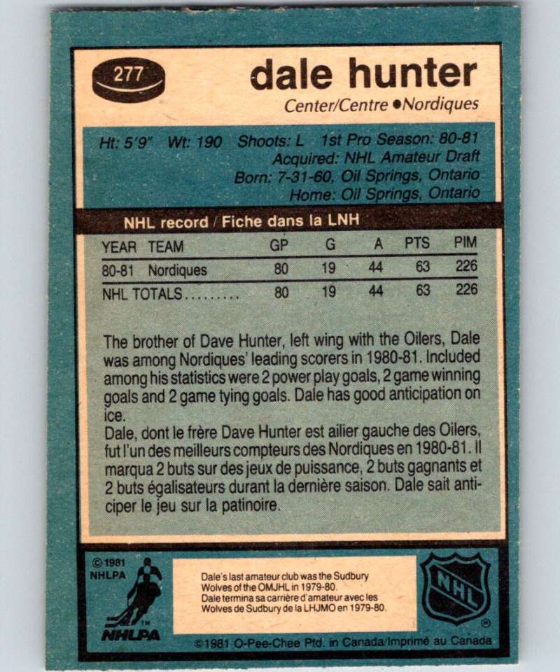 1981-82 O-Pee-Chee #277 Dale Hunter RC Rookie Nordiques 6570