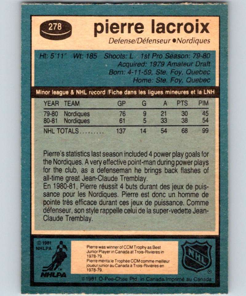 1981-82 O-Pee-Chee #278 Pierre Lacroix RC Rookie Nordiques 6571