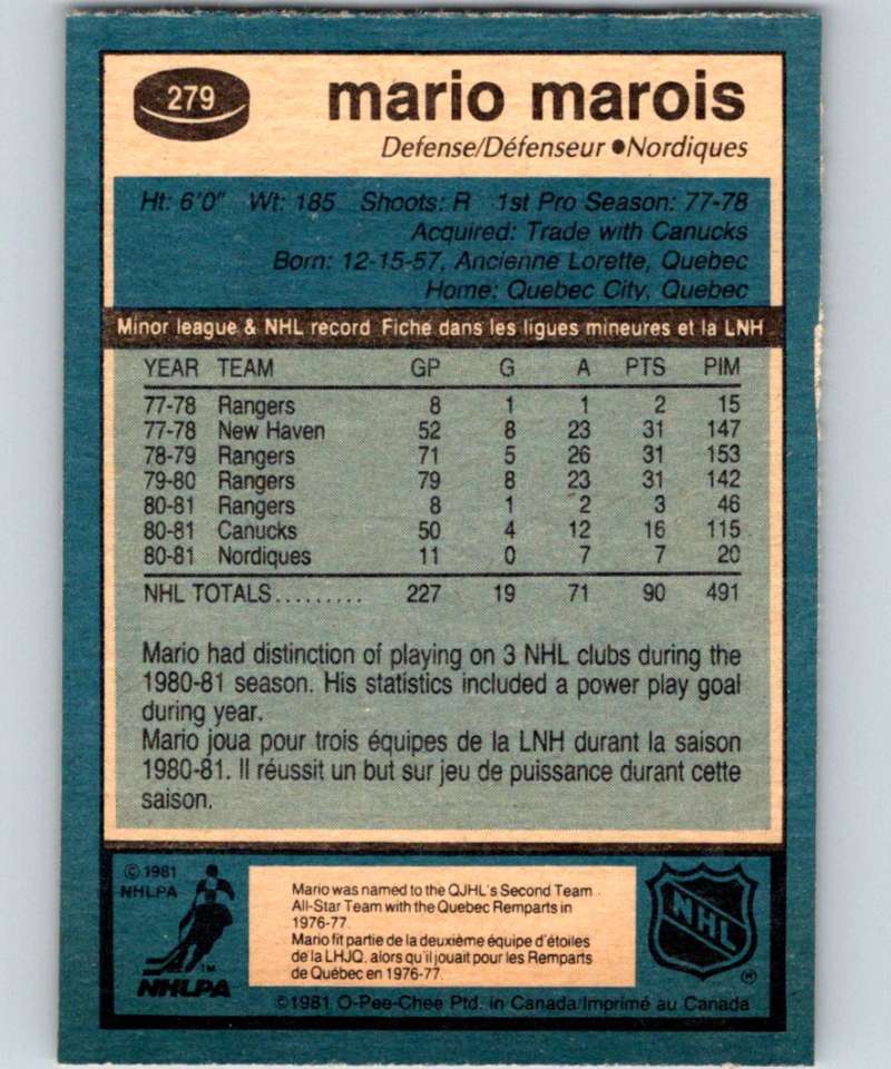 1981-82 O-Pee-Chee #279 Mario Marois RC Rookie Nordiques 6572