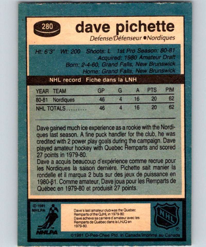 1981-82 O-Pee-Chee #280 Dave Pichette RC Rookie Nordiques 6573