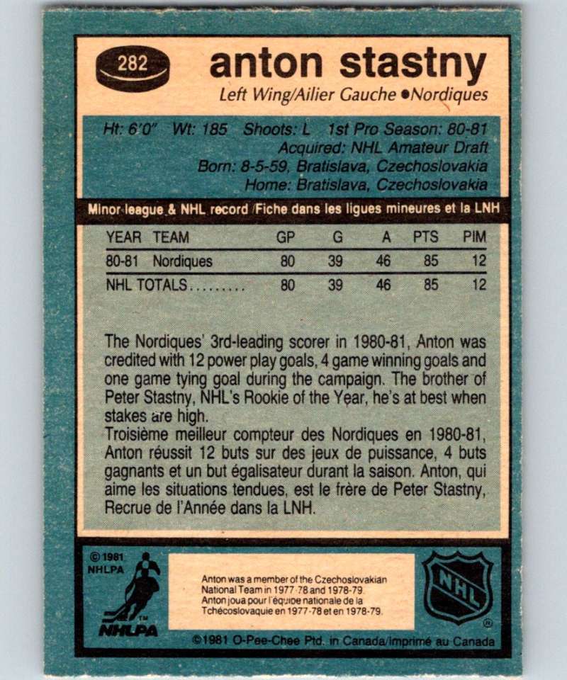 1981-82 O-Pee-Chee #282 Anton Stastny RC Rookie Nordiques 6575