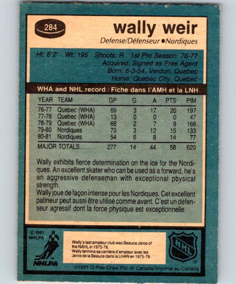 1981-82 O-Pee-Chee #284 Wally Weir Nordiques 6577