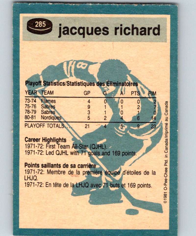 1981-82 O-Pee-Chee #285 Jacques Richard Nordiques 6578