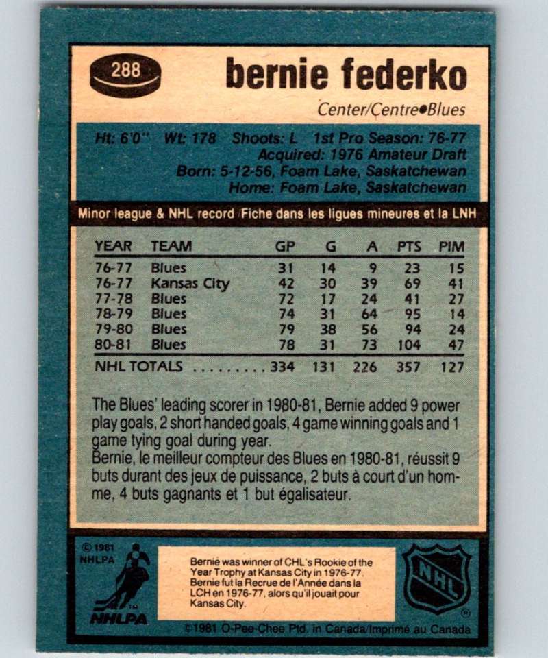 1981-82 O-Pee-Chee #288 Bernie Federko Blues 6581