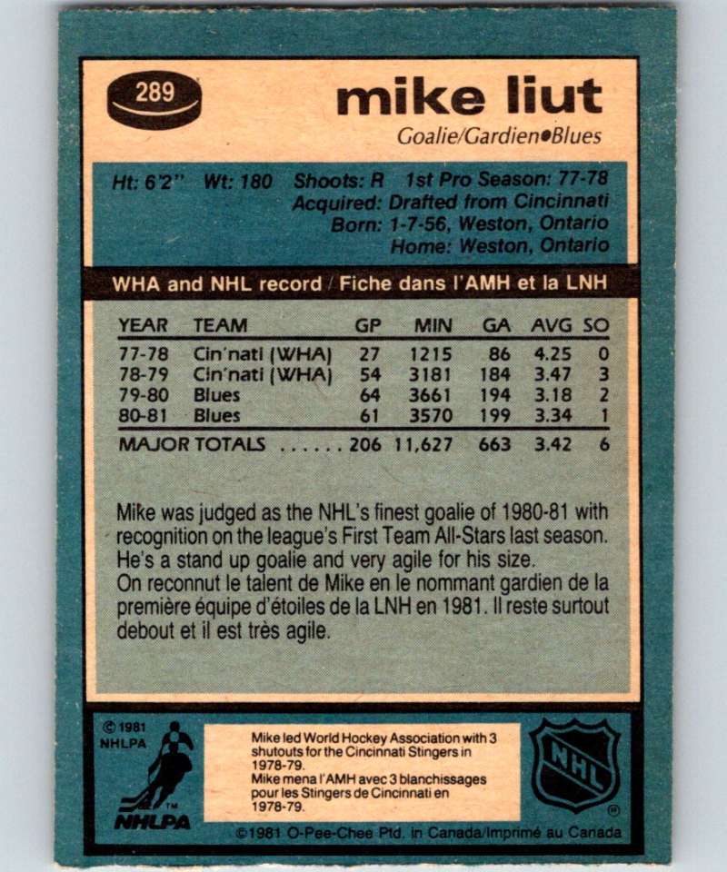 1981-82 O-Pee-Chee #289 Mike Liut Blues 6582