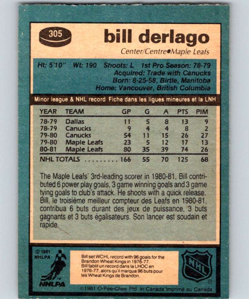 1981-82 O-Pee-Chee #305 Bill Derlago Maple Leafs 6598