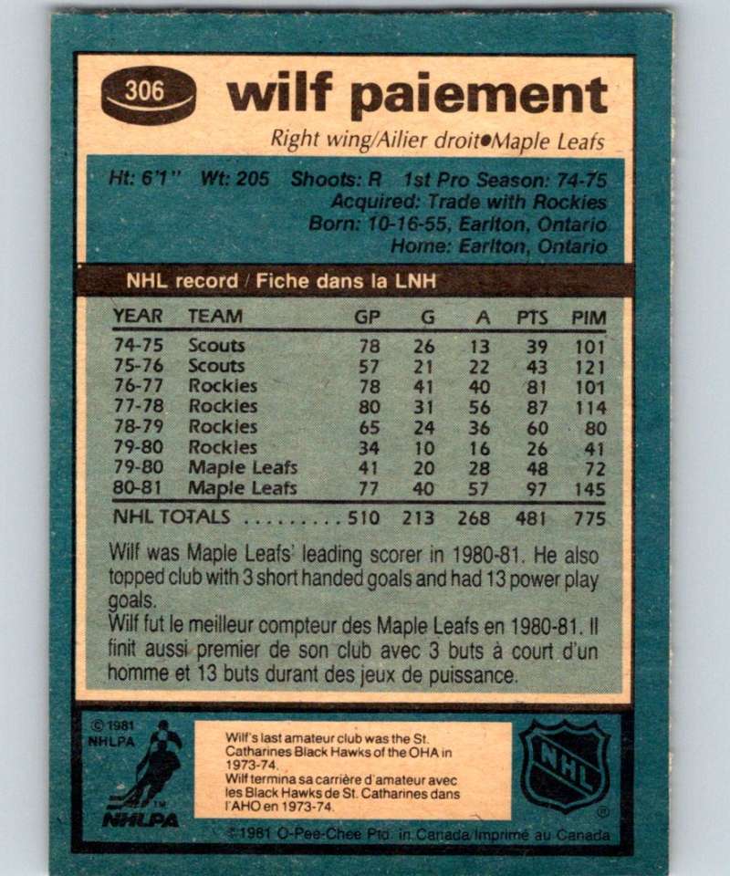 1981-82 O-Pee-Chee #306 Wilf Paiement Maple Leafs 6599