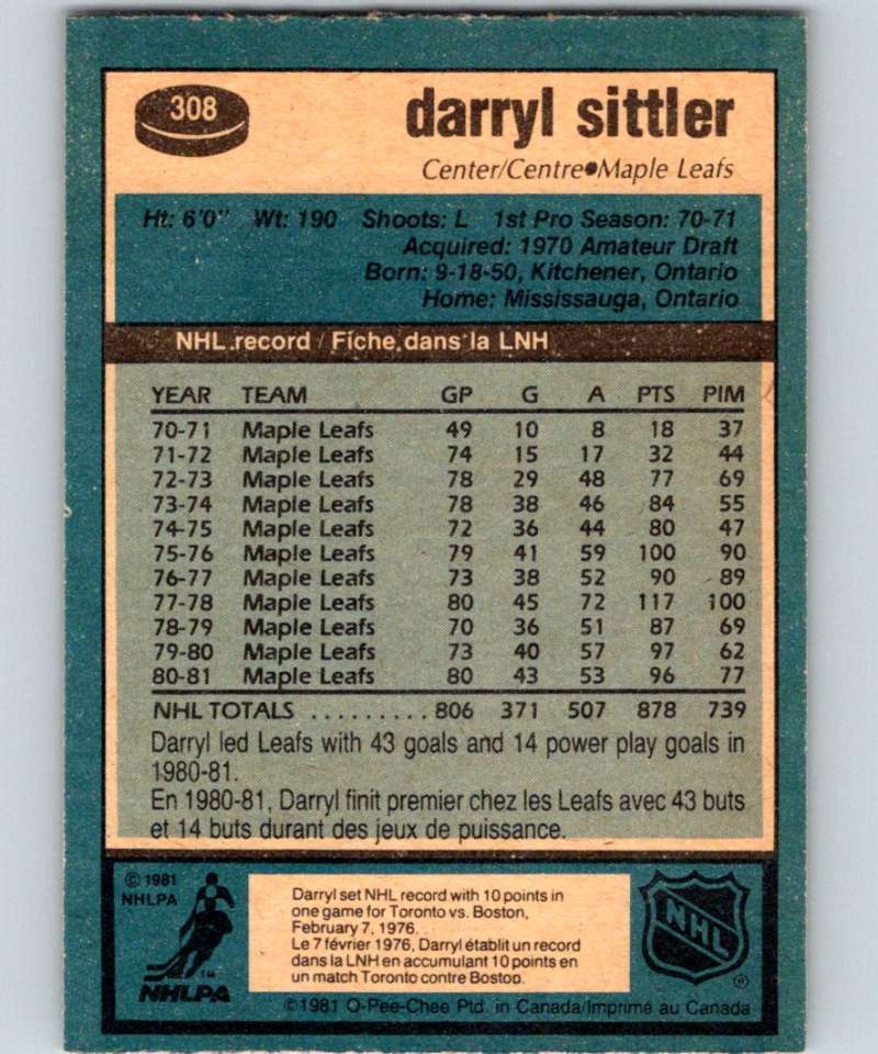 1981-82 O-Pee-Chee #308 Darryl Sittler Maple Leafs 6601