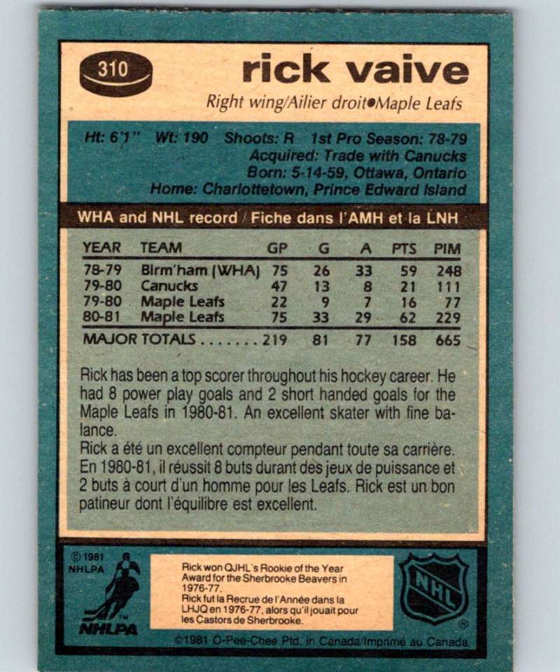 1981-82 O-Pee-Chee #310 Rick Vaive Maple Leafs 6603