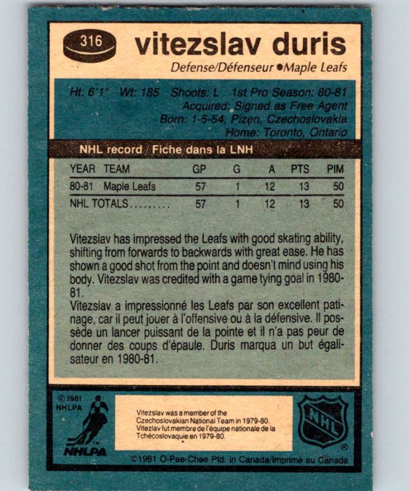 1981-82 O-Pee-Chee #316 Vitezslav Duris RC Rookie Maple Leafs 6609