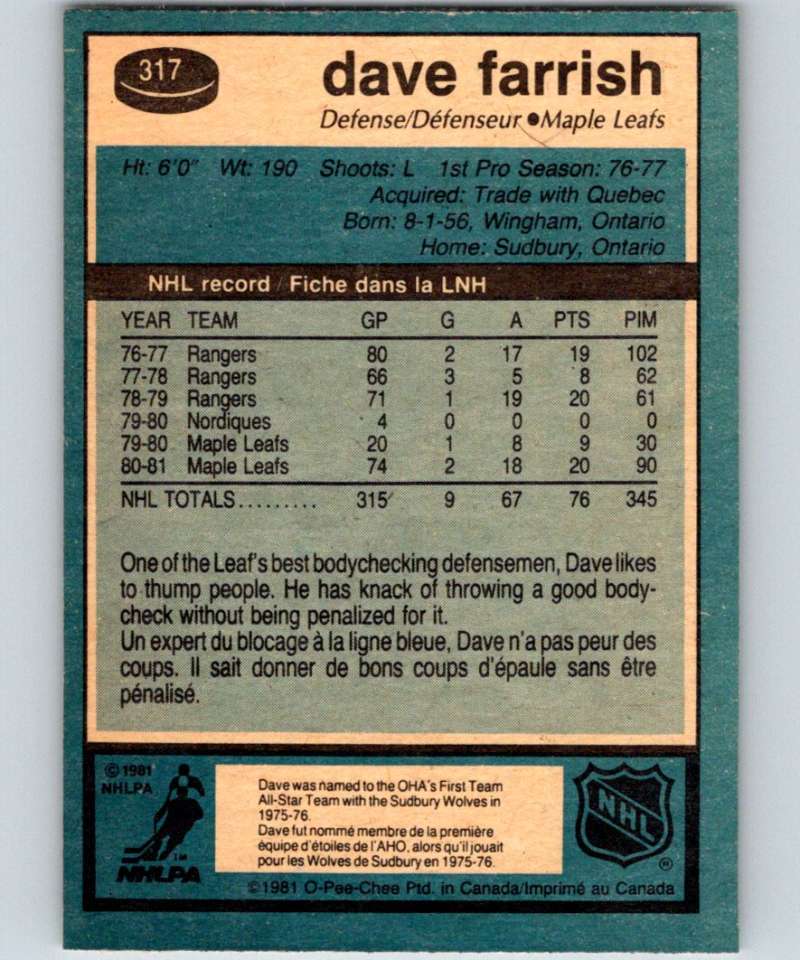 1981-82 O-Pee-Chee #317 Dave Farrish Maple Leafs 6610