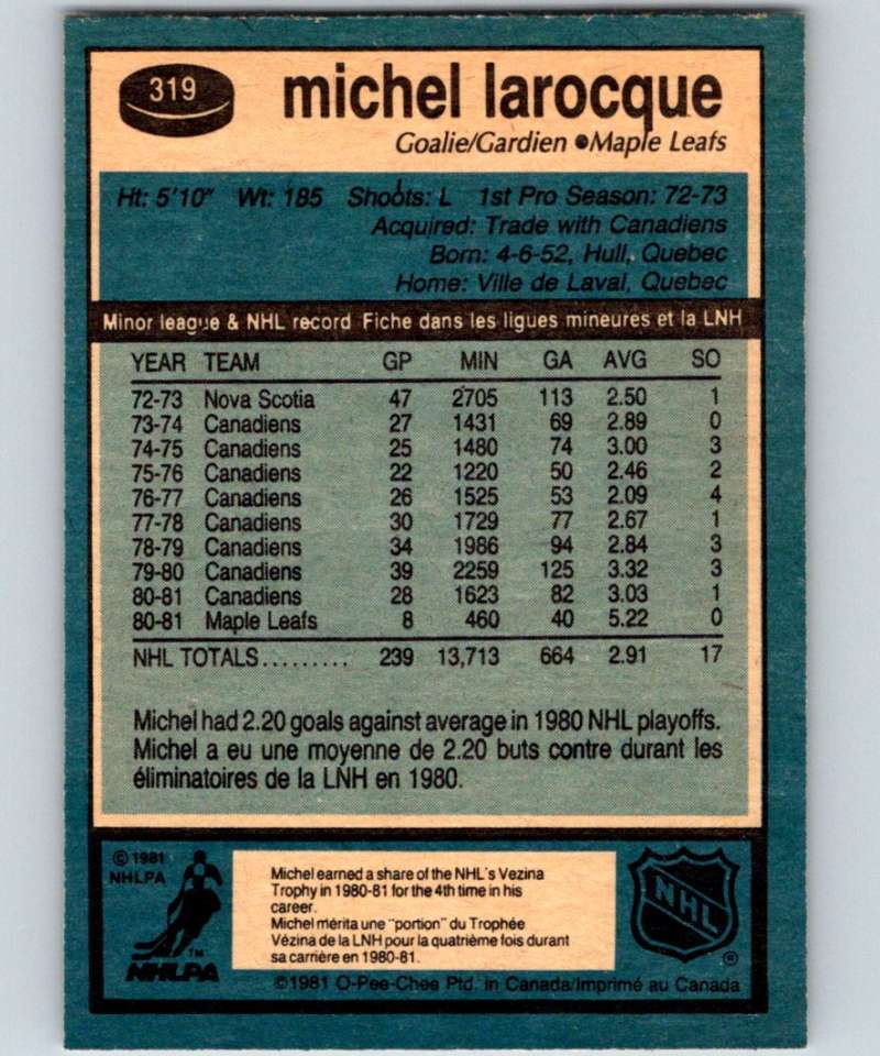 1981-82 O-Pee-Chee #319 Michel Larocque Maple Leafs 6612