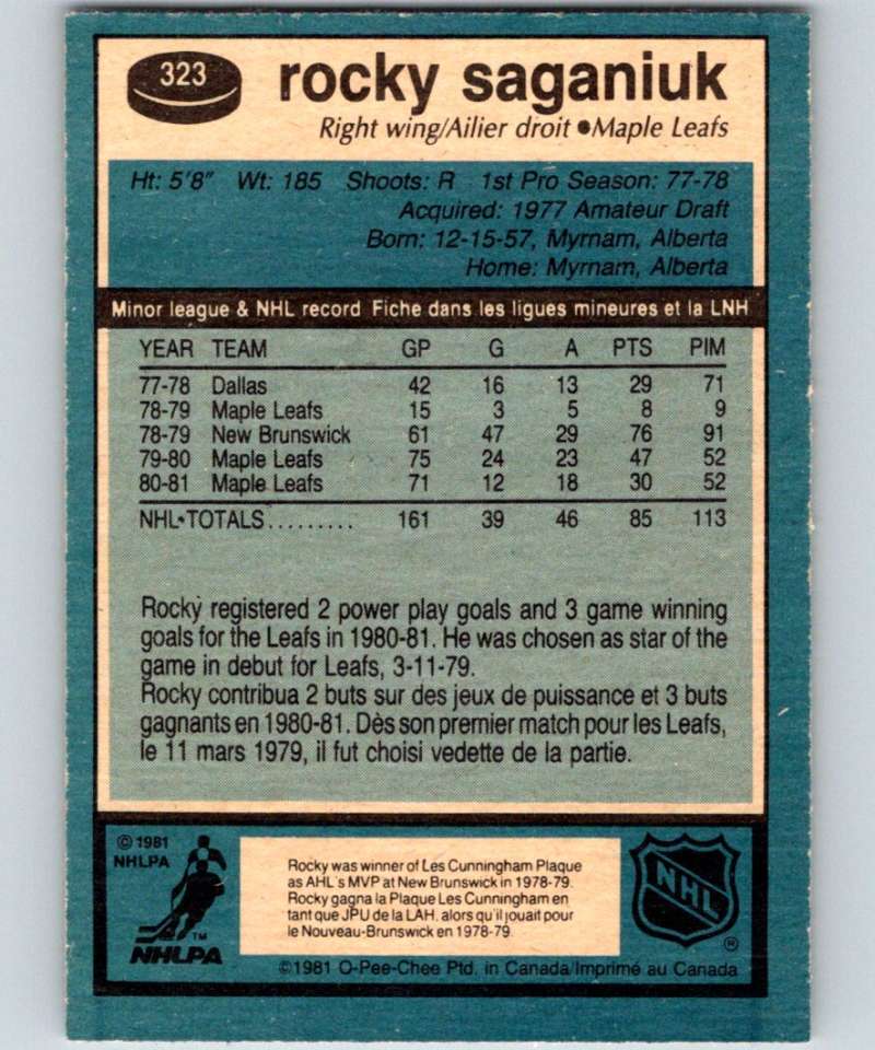 1981-82 O-Pee-Chee #323 Rocky Saganiuk Maple Leafs 6616