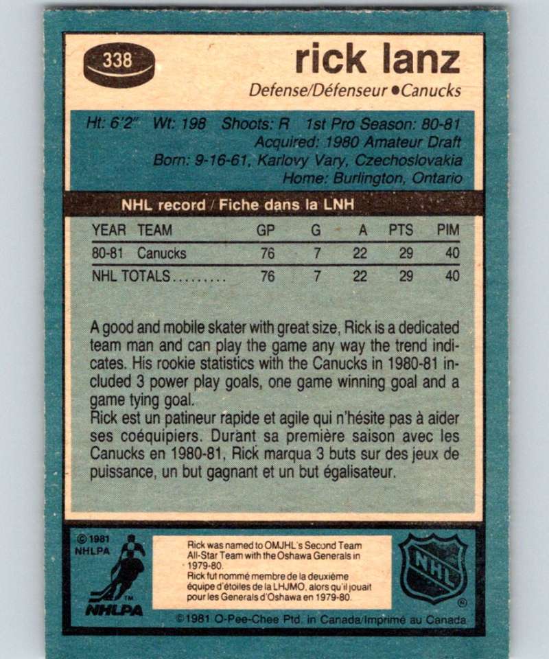 1981-82 O-Pee-Chee #338 Rick Lanz RC Rookie Canucks UER 6631