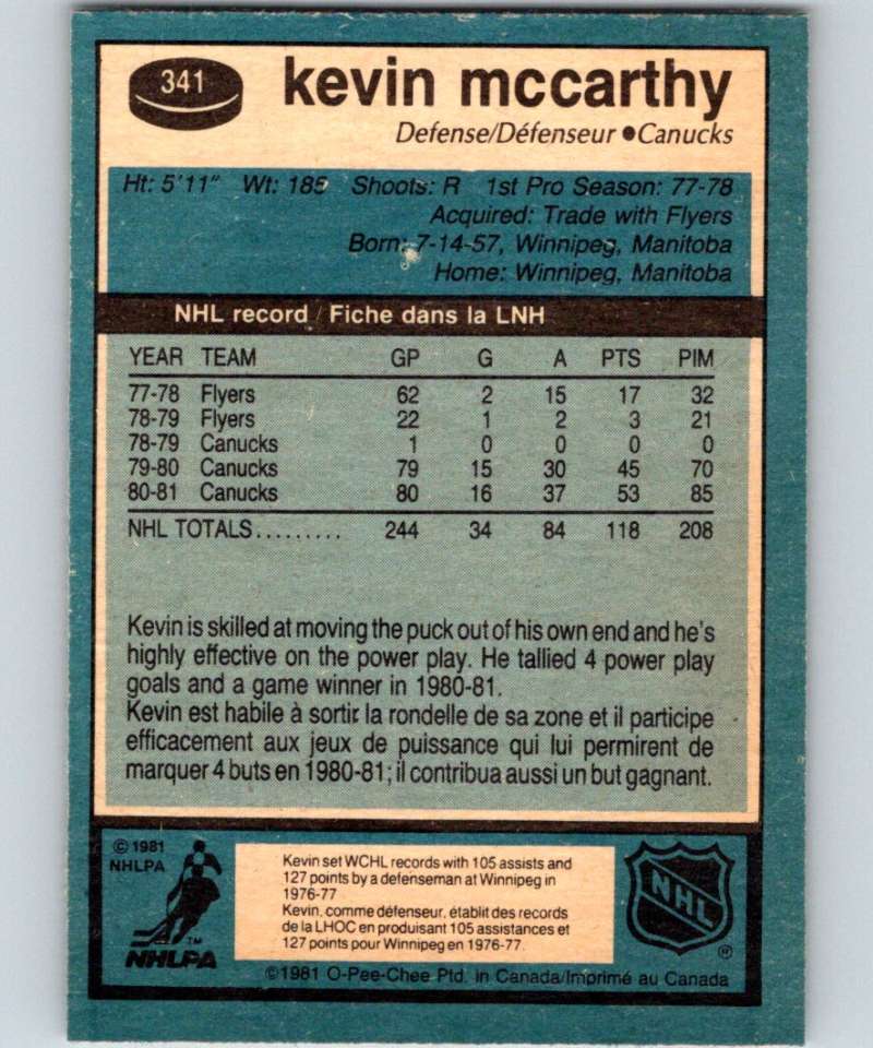 1981-82 O-Pee-Chee #341 Kevin McCarthy Canucks 6634