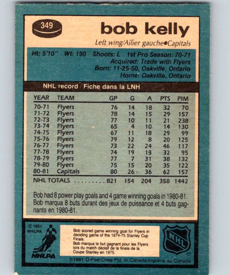 1981-82 O-Pee-Chee #349 Bob Kelly Capitals 6642