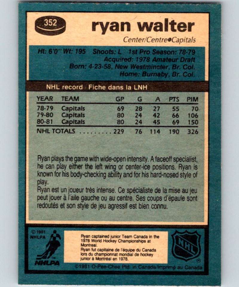 1981-82 O-Pee-Chee #352 Ryan Walter Capitals 6645