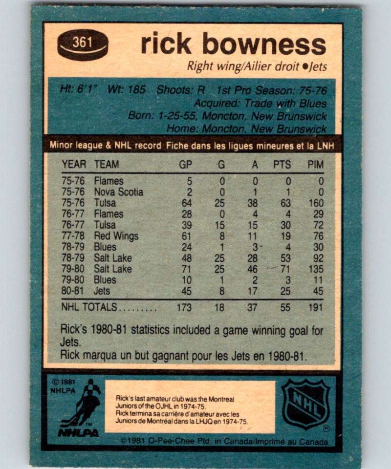 1981-82 O-Pee-Chee #361 Rick Bowness Winn Jets 6654