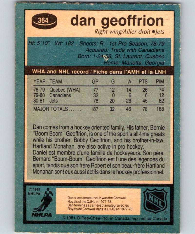 1981-82 O-Pee-Chee #364 Dan Geoffrion RC Rookie Winn Jets 6657