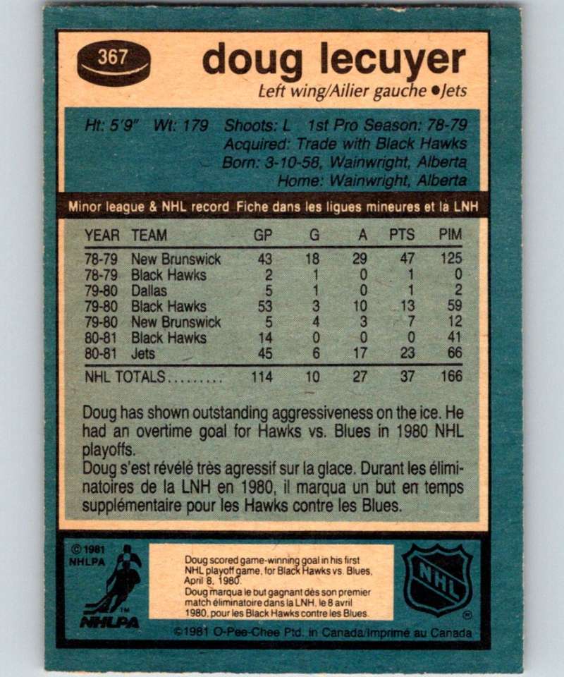1981-82 O-Pee-Chee #367 Doug Lecuyer RC Rookie Winn Jets 6660
