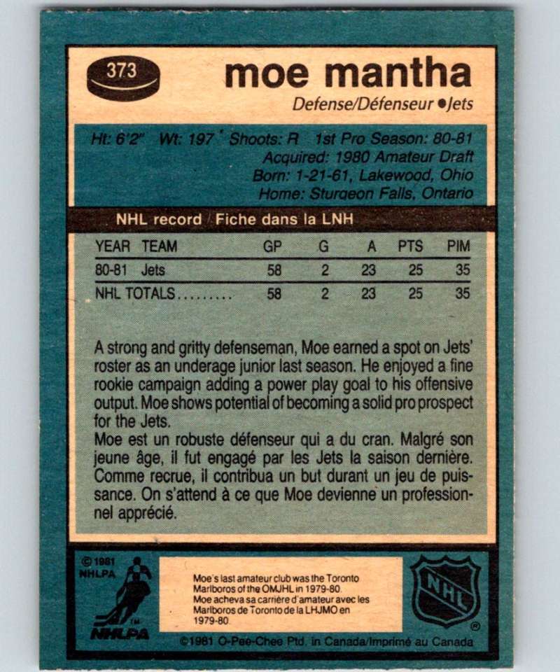 1981-82 O-Pee-Chee #373 Moe Mantha RC Rookie Winn Jets 6666