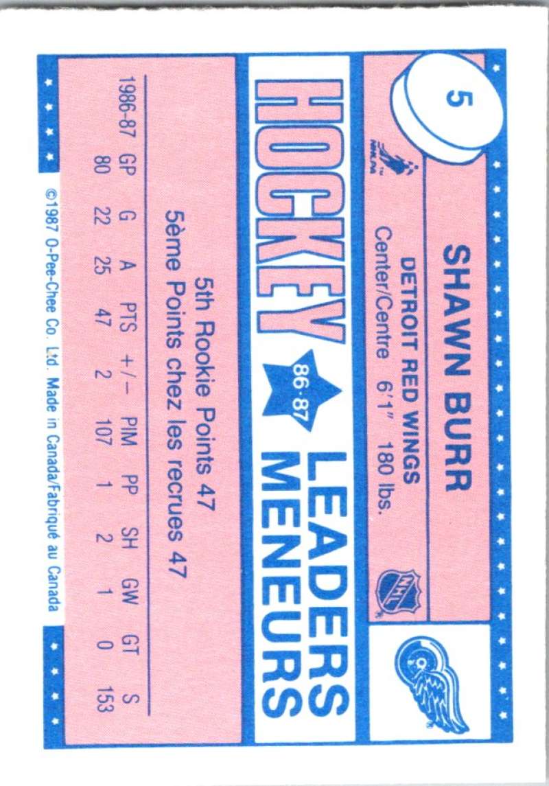 1987-88 O-Pee-Chee Minis #5 Shawn Burr Red Wings NHL 05394 Image 2