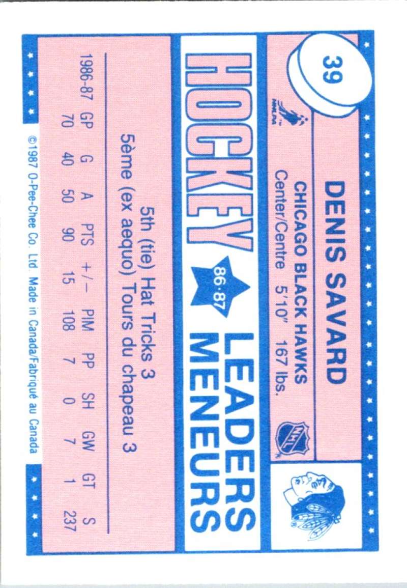 1987-88 O-Pee-Chee Minis #39 Denis Savard Blackhawks NHL 05428 Image 2