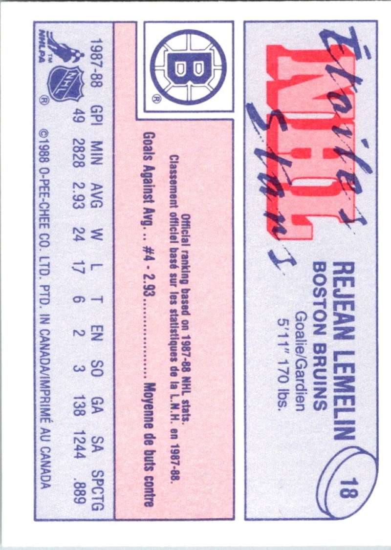 1988-89 O-Pee-Chee Minis #18 Reggie Lemelin Bruins NHL 04745 Image 2
