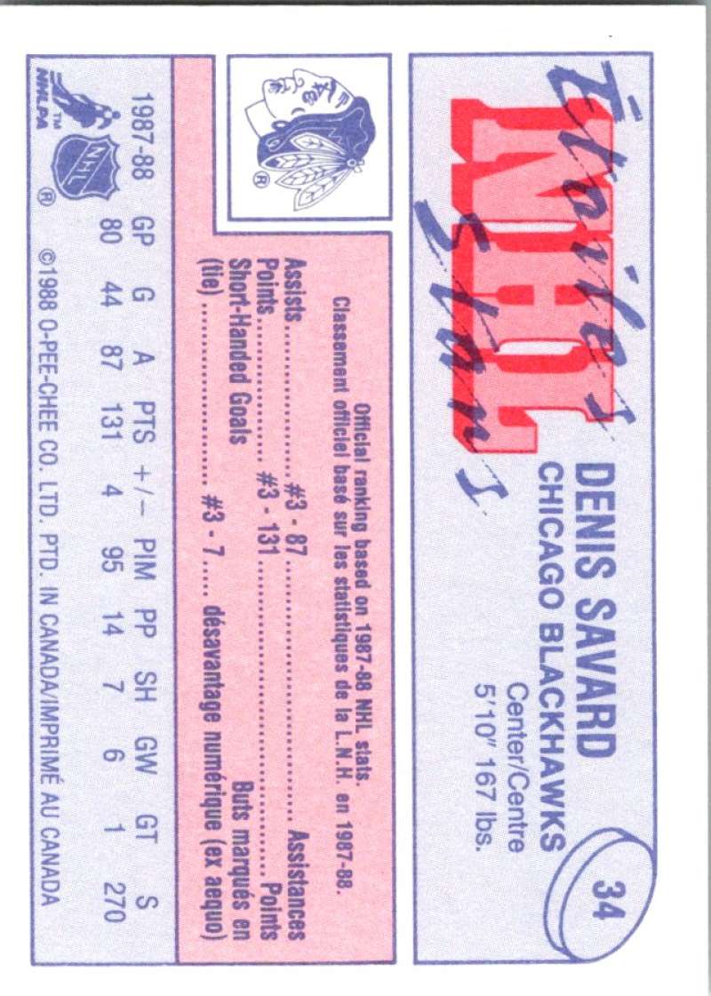 1988-89 O-Pee-Chee Minis #34 Denis Savard Blackhawks NHL 05443 Image 2