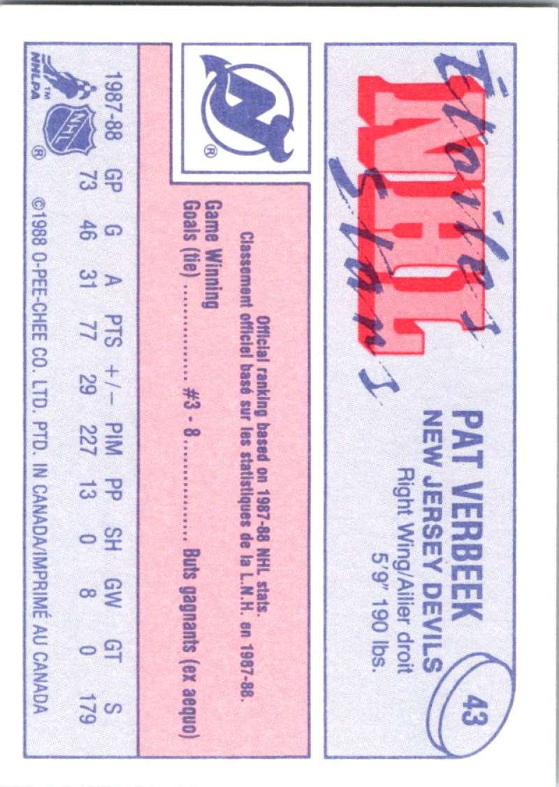 1988-89 O-Pee-Chee Minis #43 Pat Verbeek NJ Devils NHL 06691 Image 2
