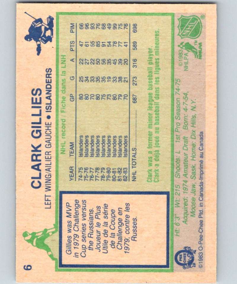 1983-84 O-Pee-Chee #6 Clark Gillies NY Islanders NHL Hockey