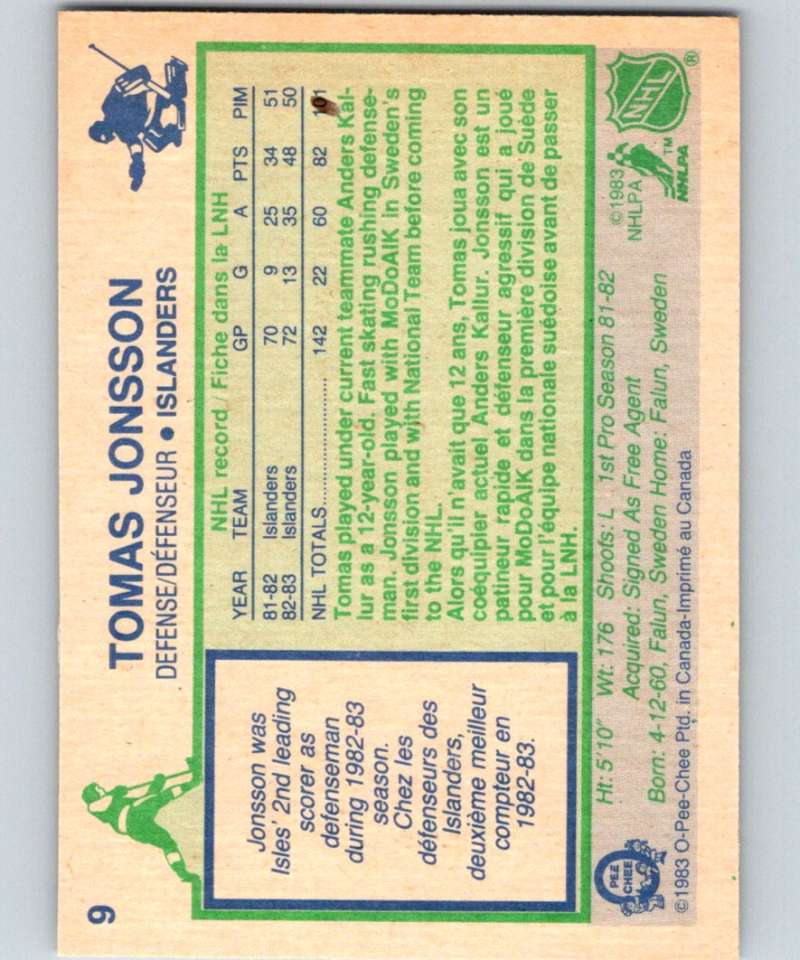 1983-84 O-Pee-Chee #9 Tomas Jonsson NY Islanders NHL Hockey