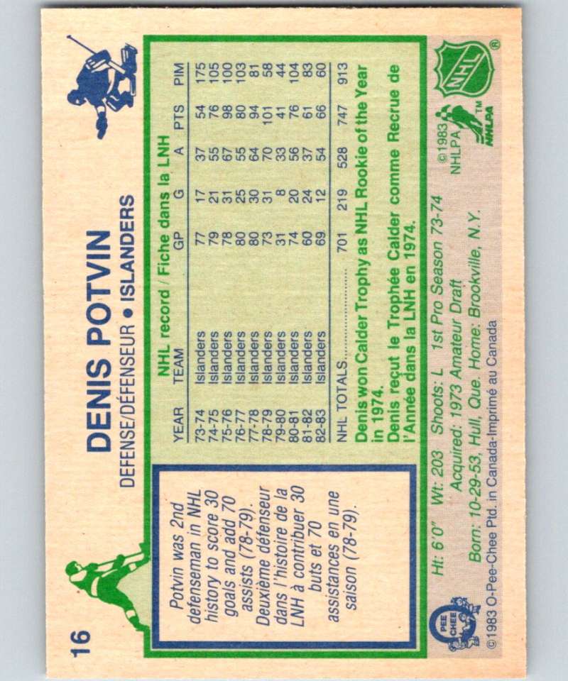 1983-84 O-Pee-Chee #16 Denis Potvin NY Islanders NHL Hockey