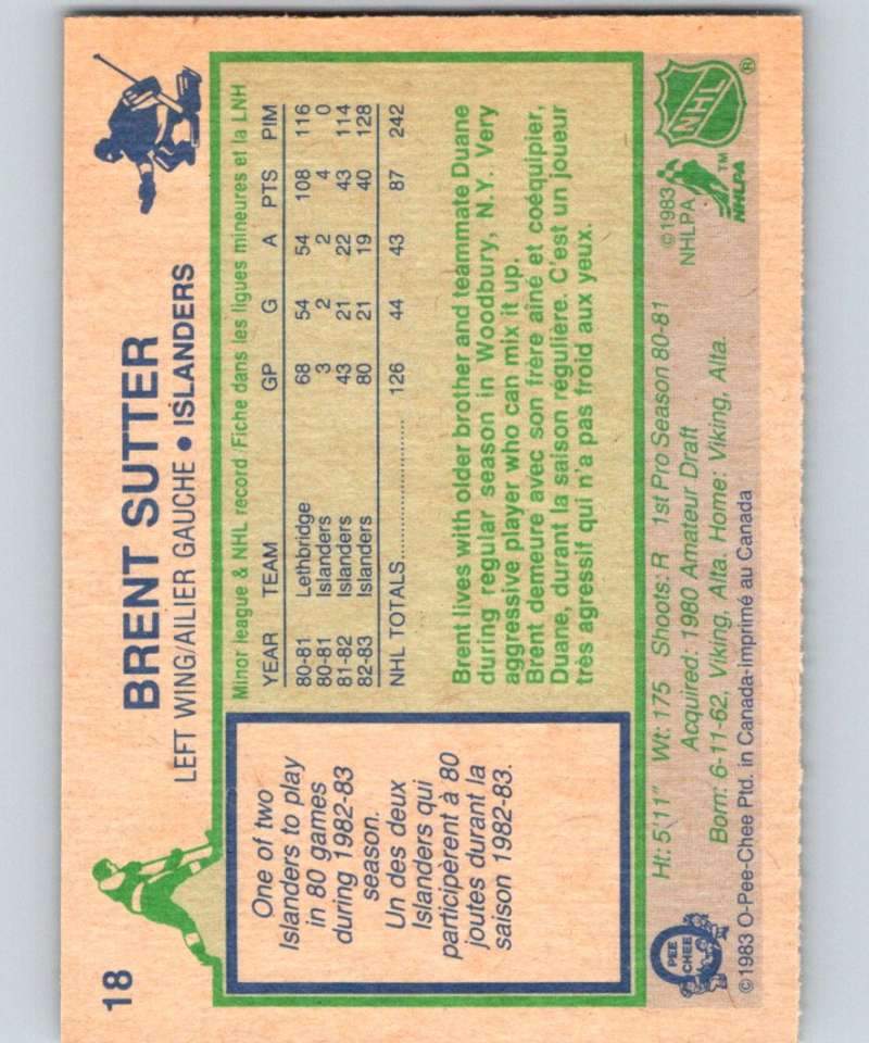 1983-84 O-Pee-Chee #18 Brent Sutter NY Islanders NHL Hockey