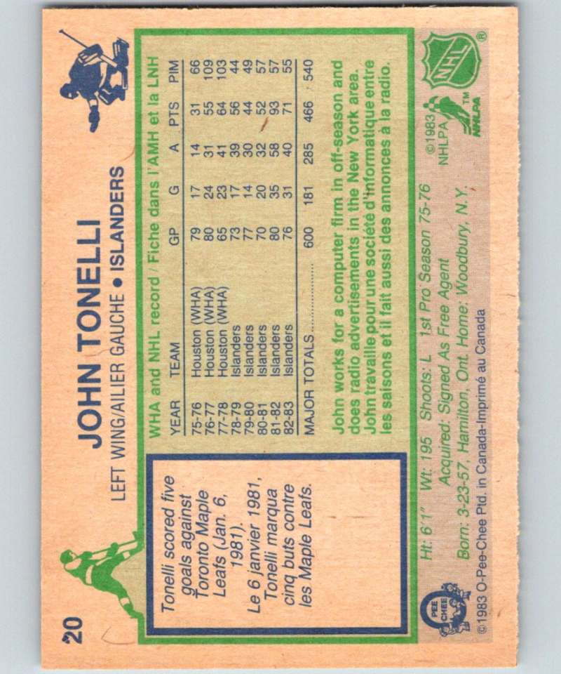 1983-84 O-Pee-Chee #20 John Tonelli NY Islanders NHL Hockey