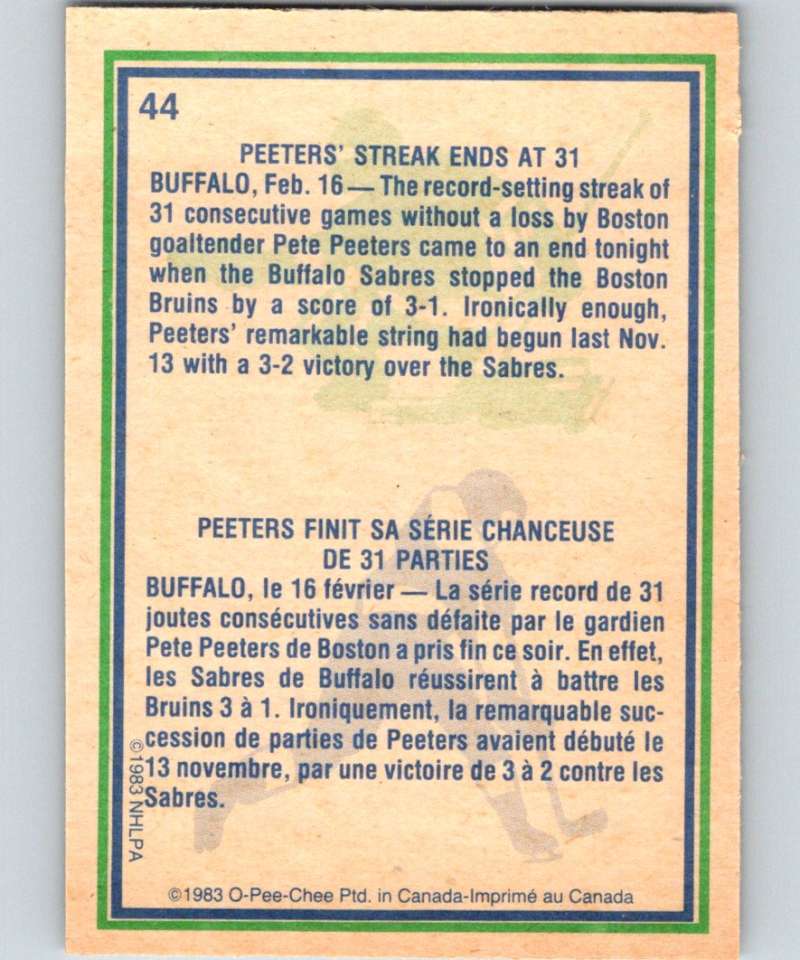 1983-84 O-Pee-Chee #44 Pete Peeters Blackhawks HL NHL Hockey