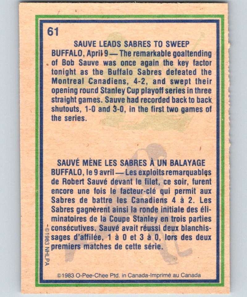 1983-84 O-Pee-Chee #61 Bob Sauve Sabres HL NHL Hockey