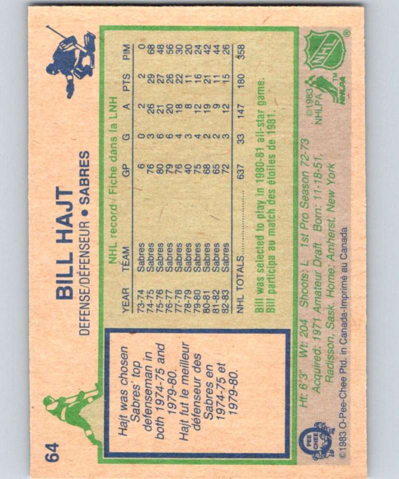 1983-84 O-Pee-Chee #64 Bill Hajt Sabres NHL Hockey