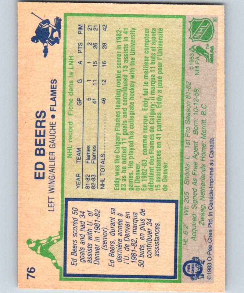 1983-84 O-Pee-Chee #76 Ed Beers RC Rookie Flames NHL Hockey