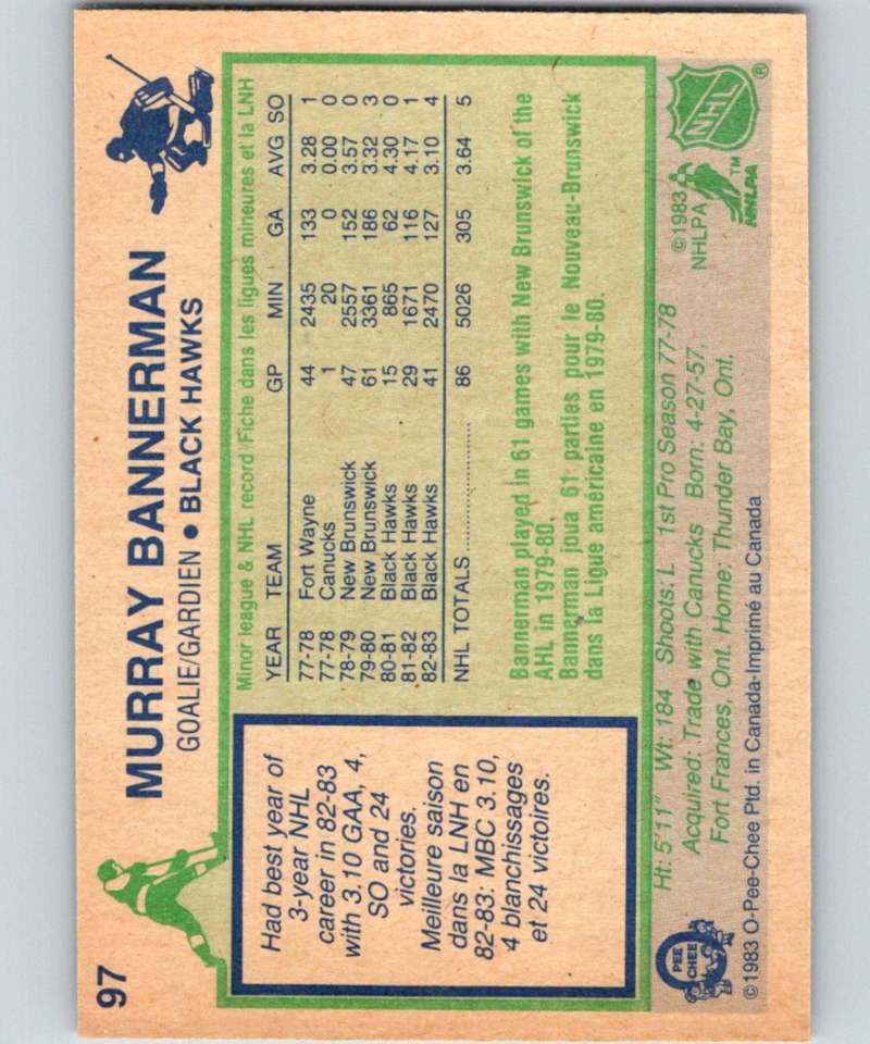 1983-84 O-Pee-Chee #97 Murray Bannerman Blackhawks NHL Hockey