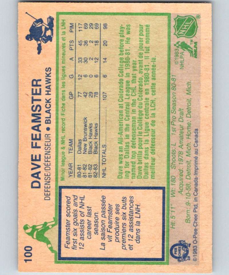 1983-84 O-Pee-Chee #100 Dave Feamster RC Rookie Blackhawks NHL Hockey